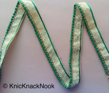 Green / Fuchsia Pink / Beige Velvet Trim With Off White Seed Pearls And Gold Threadwork, Approx. 30mm Wide - 200317L478 / 79 / 80